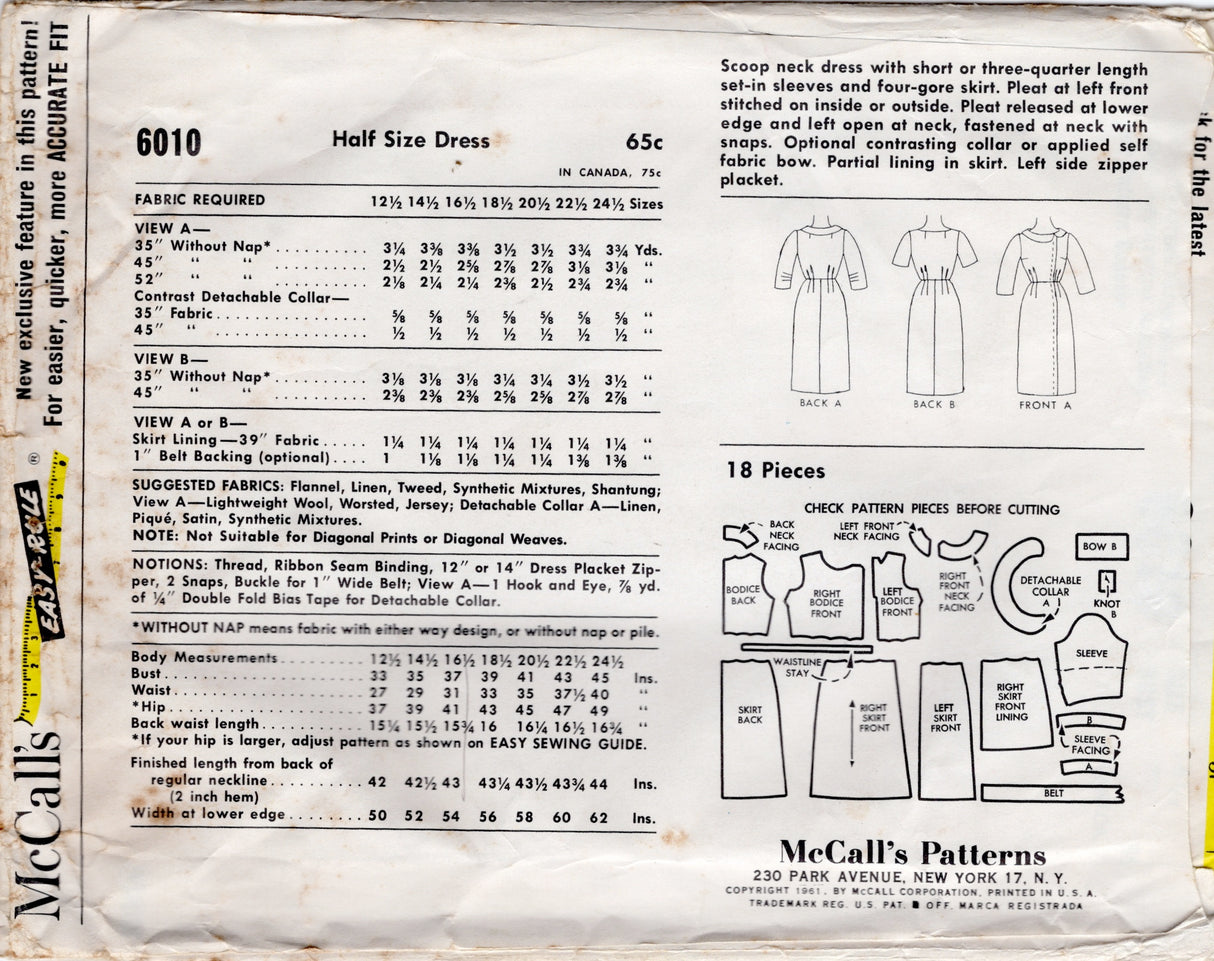 1970's McCall's Asymmetrical Sheath Dress Pattern - Bust 37" - No. 6010