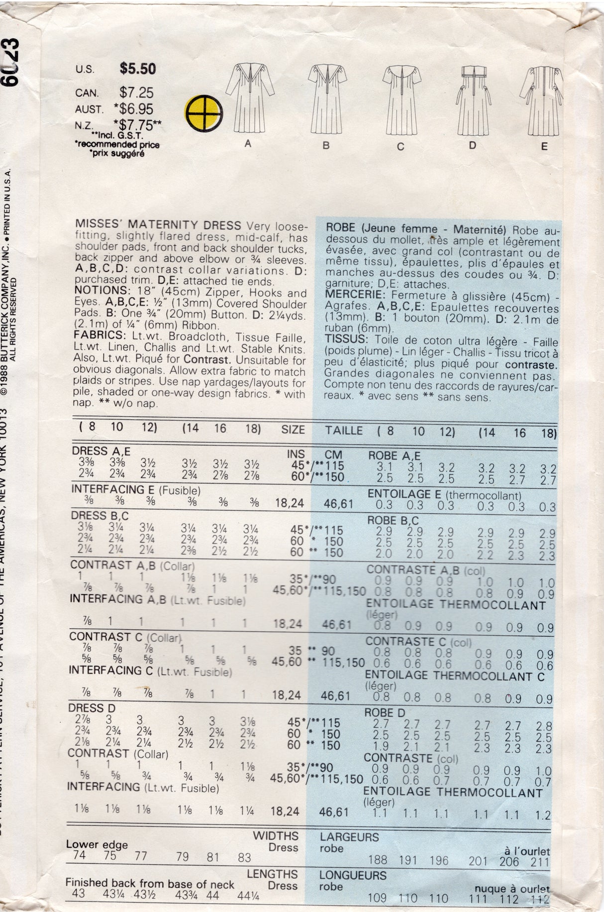 1980's Butterick Maternity Dress with Multiple Contrast Collars Pattern - Bust 36-40" - No. 6023