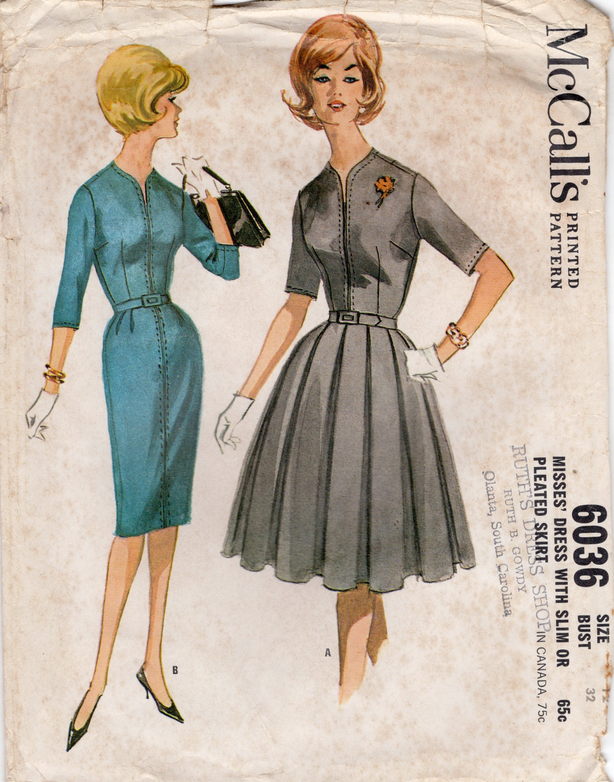 1960's McCall's Slit Neckline Dress with Slim or Pleated Skirt Pattern - Bust 32" - No. 6036