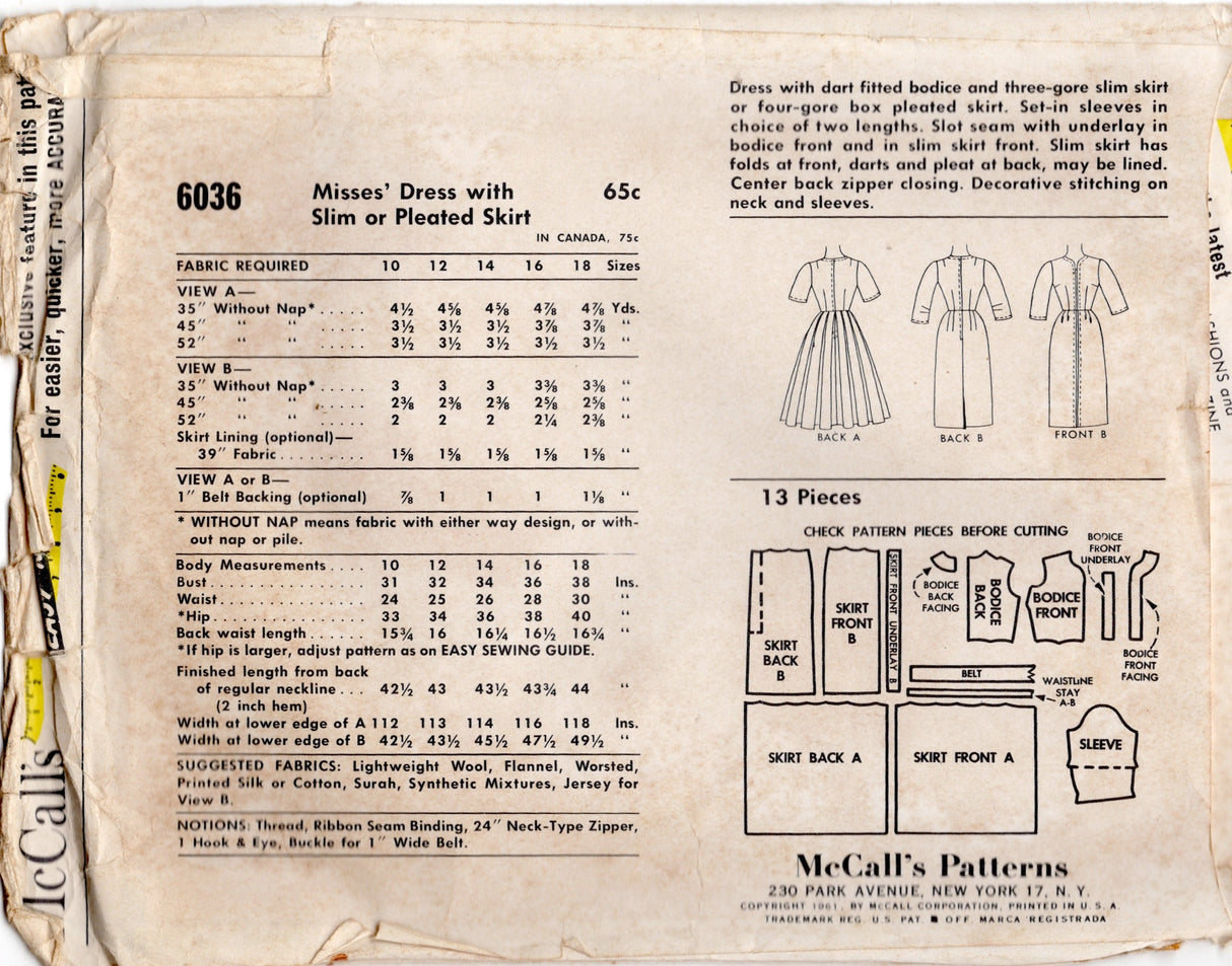 1960's McCall's Slit Neckline Dress with Slim or Pleated Skirt Pattern - Bust 32" - No. 6036