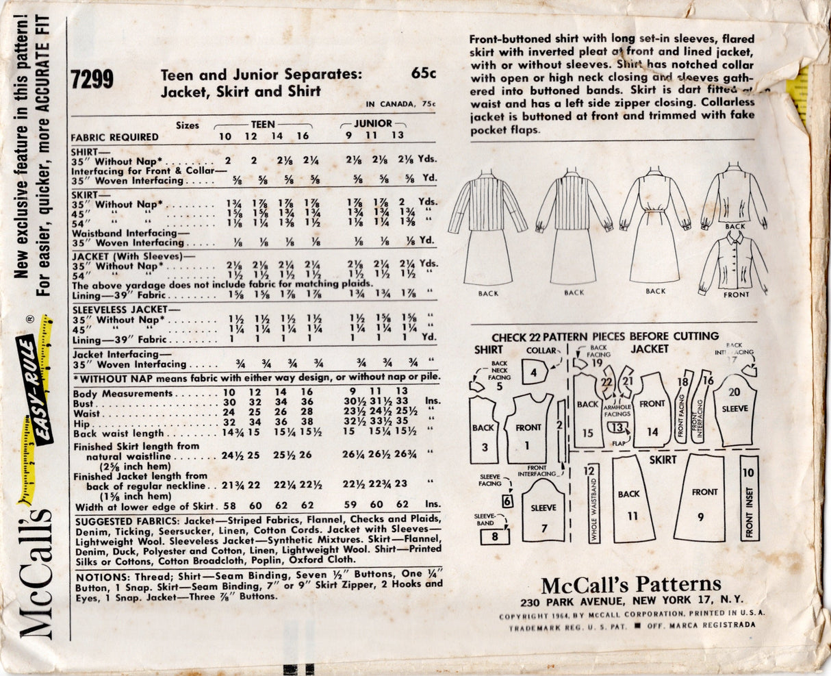 1960's McCall's Jacket, A-line Skirt and Button Up Shirt pattern - Bust 33" - No. 7299