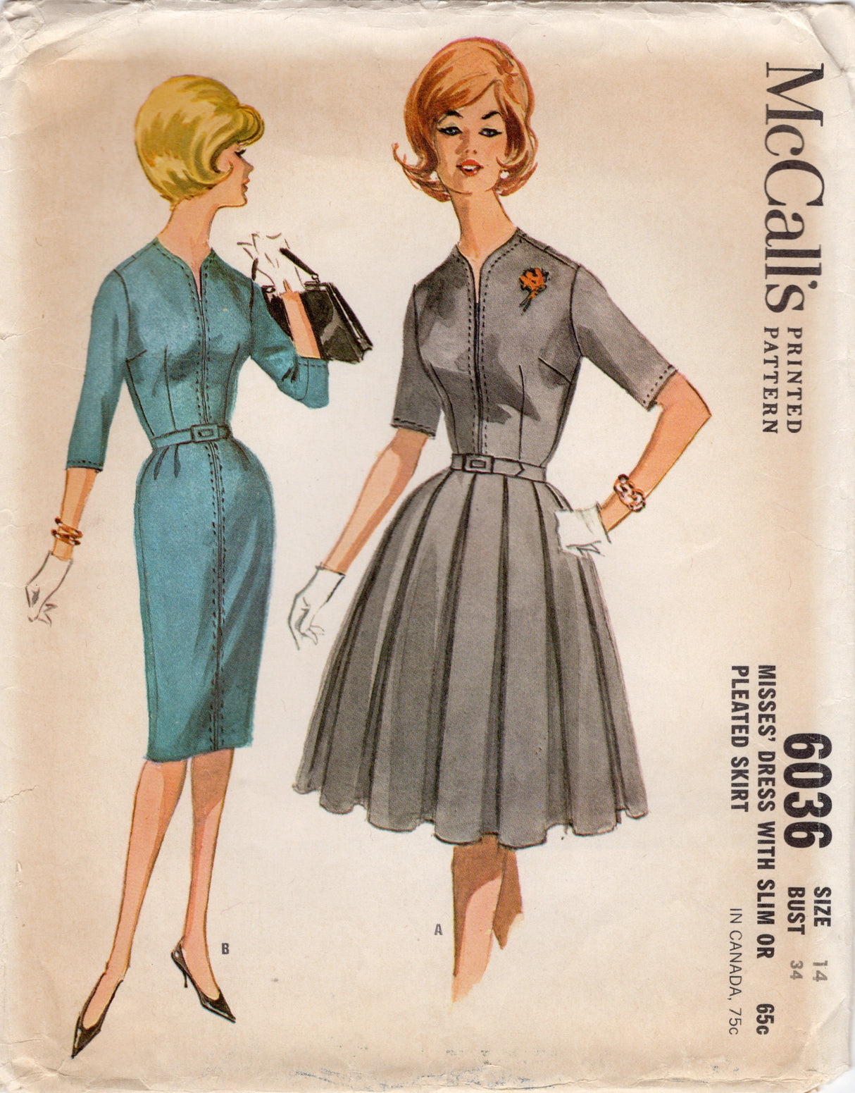 1960's McCall's Sheath or Fit and Flare Dress Pattern - Bust 34" - No. 6036