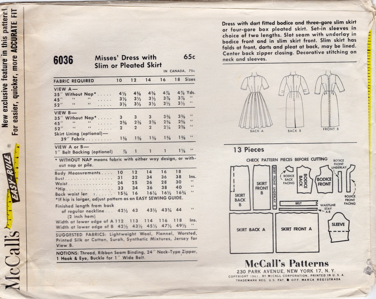 1960's McCall's Sheath or Fit and Flare Dress Pattern - Bust 34" - No. 6036