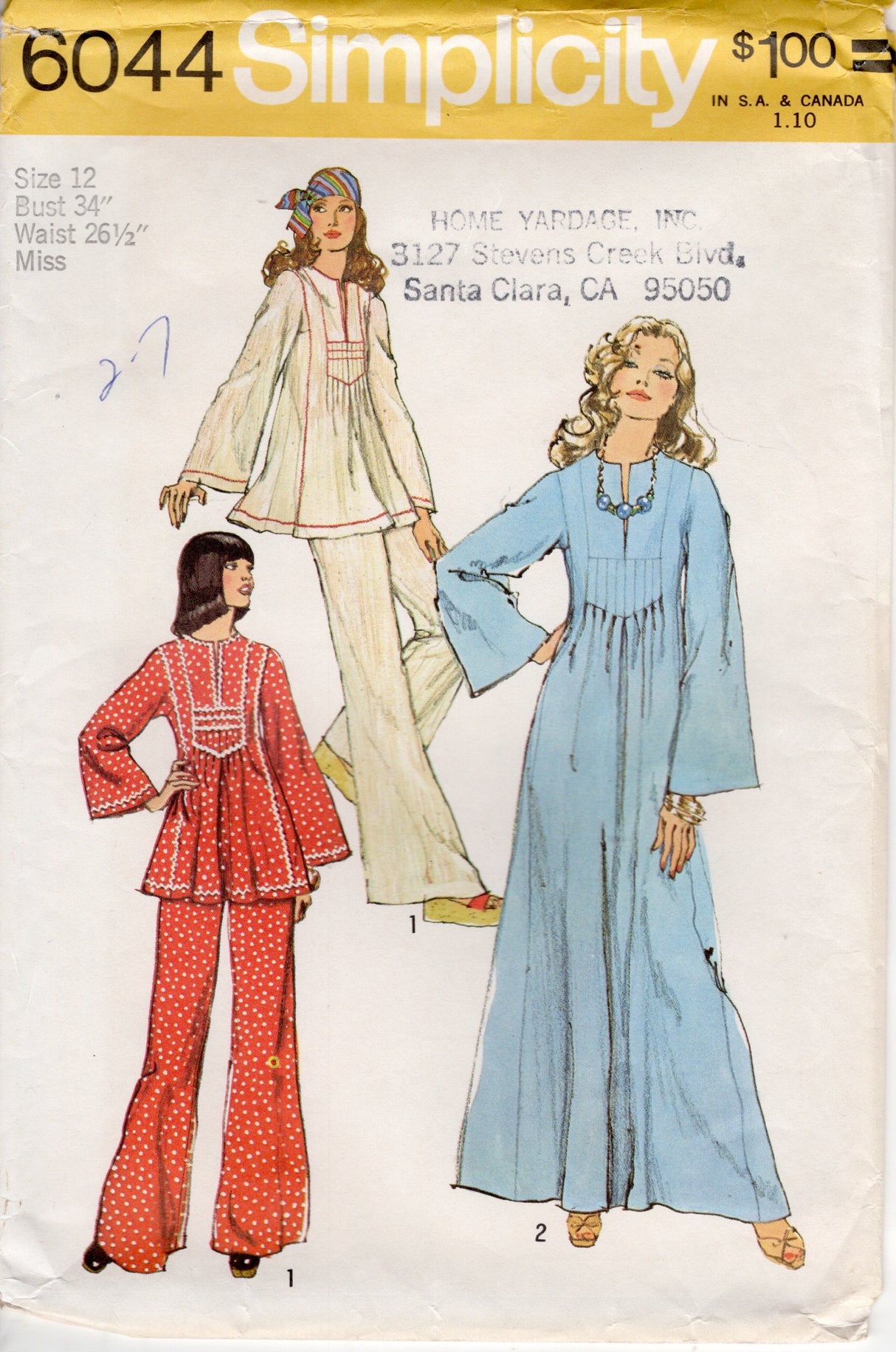1970's Simplicity Caftans and High Waisted Pants Pattern - Bust 34" - No. 6044