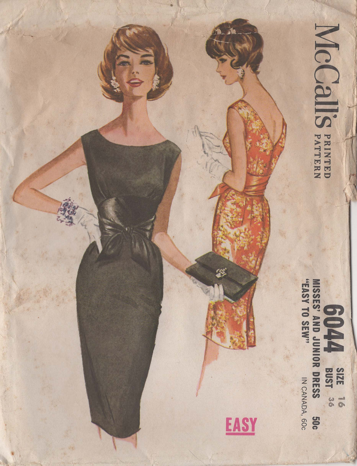 1960's McCall's Slim Fit Dress with Fitted Waist and Tie Sash - Bust 36" - No. 6044