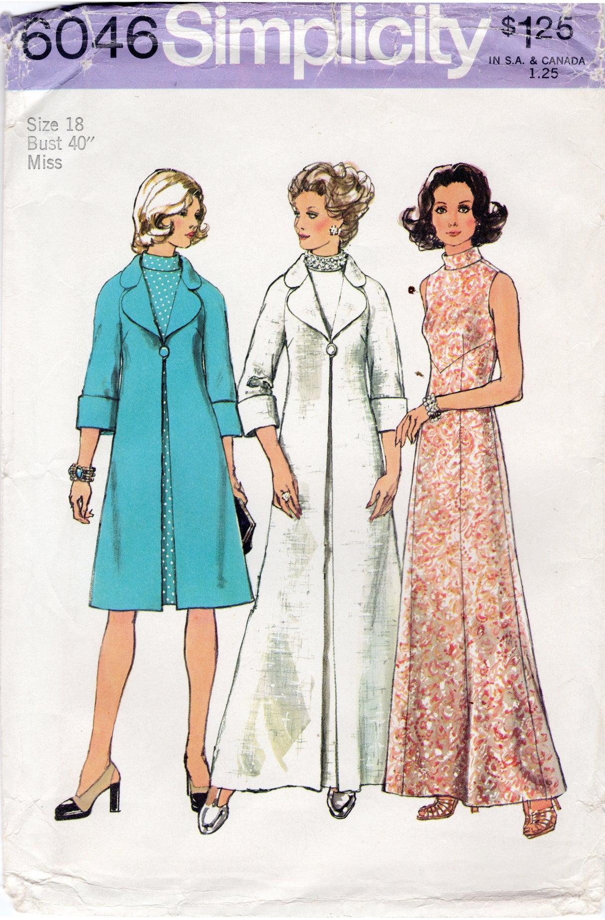 1970's Simplicity Long or Short Coat  and Maxi or Midi Dress Pattern - Bust 40" - No. 6046