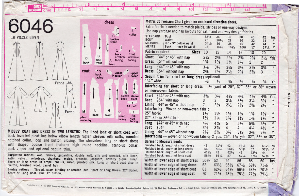 1970's Simplicity Long or Short Coat  and Maxi or Midi Dress Pattern - Bust 40" - No. 6046