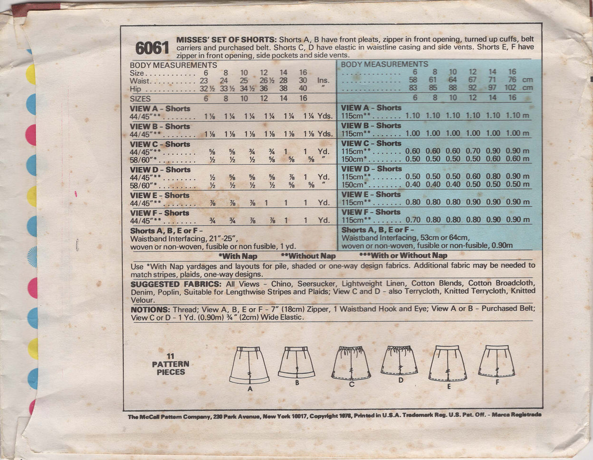 1970's McCall's Set of Shorts - Waist 26.5" - No. 6061