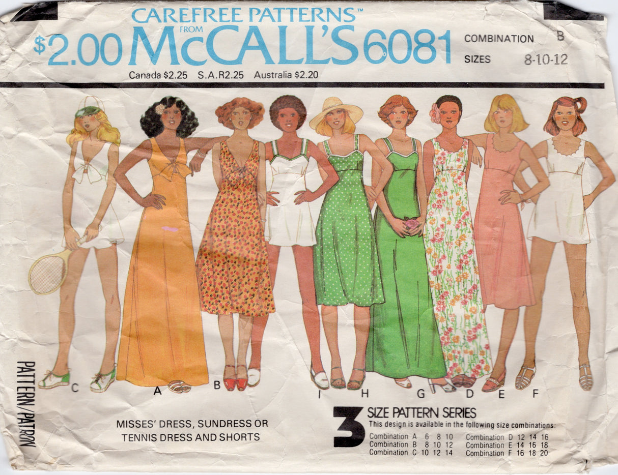 1970's McCall's Keyhole Sundress or Empire Waist Dress, Tennis Dress and Shorts Pattern - Bust 31.5-34" - No. 6081