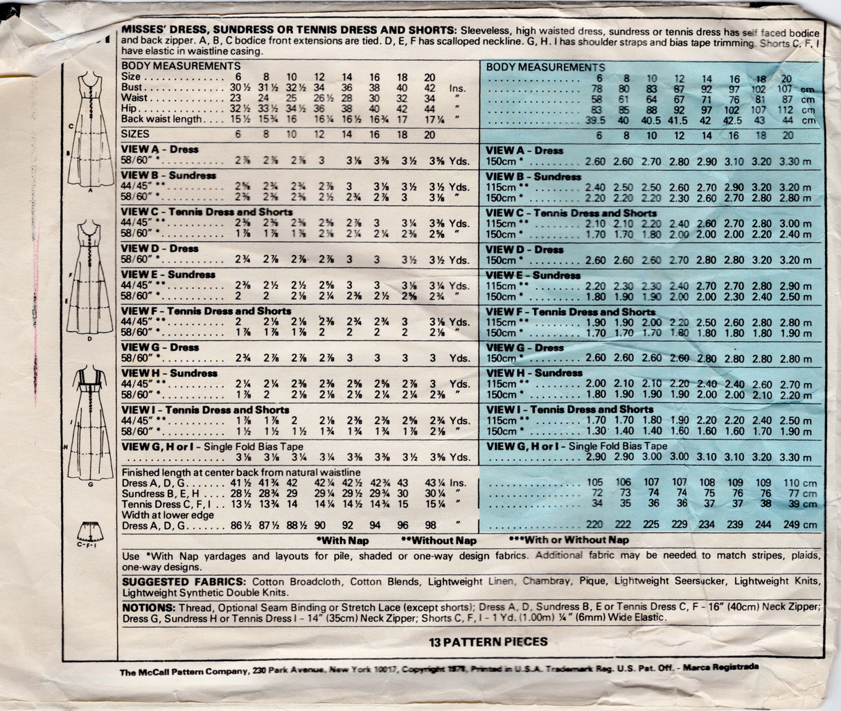 1970's McCall's Keyhole Sundress or Empire Waist Dress, Tennis Dress and Shorts Pattern - Bust 31.5-34" - No. 6081