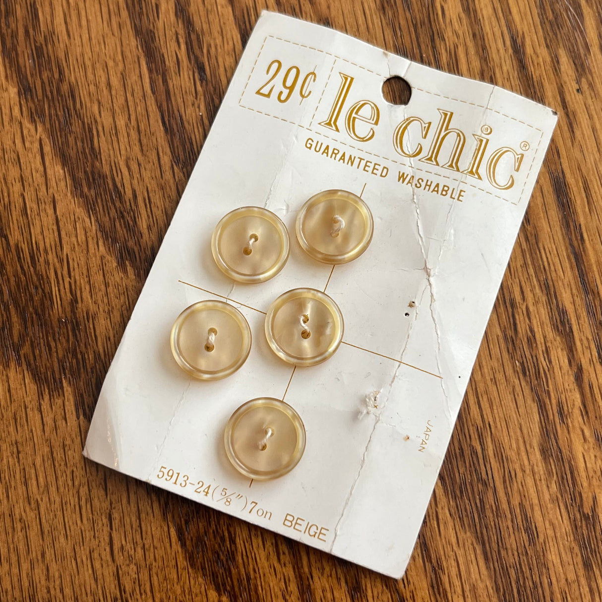 1960’s Le Chic Plastic Buttons - Opalescent Beige - Set of 5 - 5/8" - on card