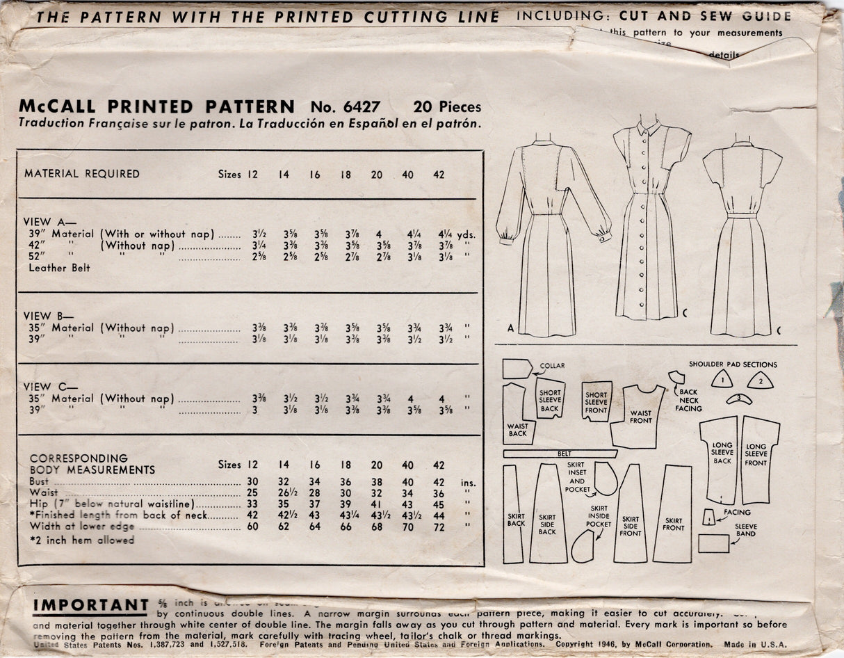 1940's McCall Button Up Dress with Square Set Sleeves in Two Lengths - Bust 36" - No. 6427