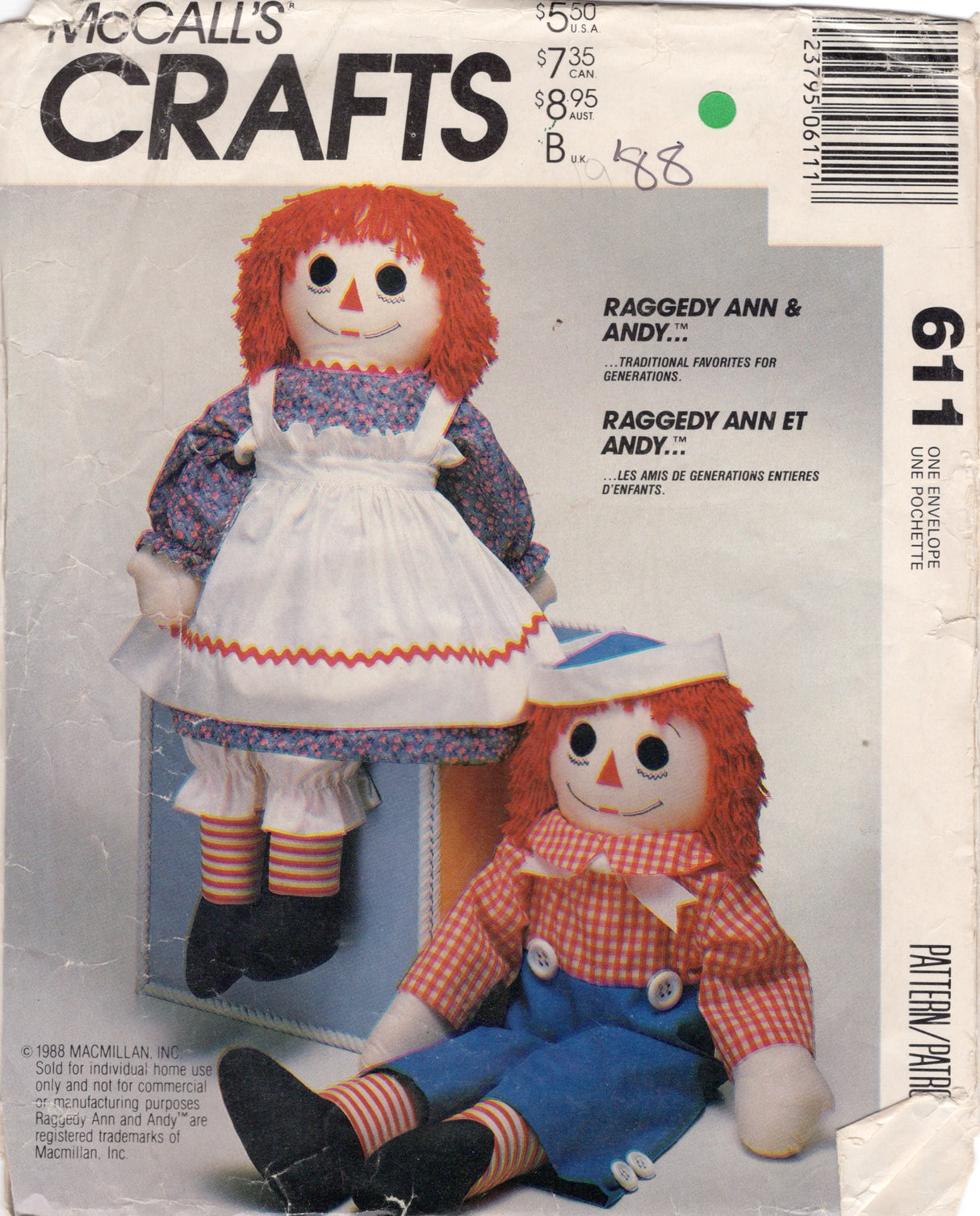 1980's McCall's Raggedy Ann and Andy Doll and Clothes Pattern - No. 611