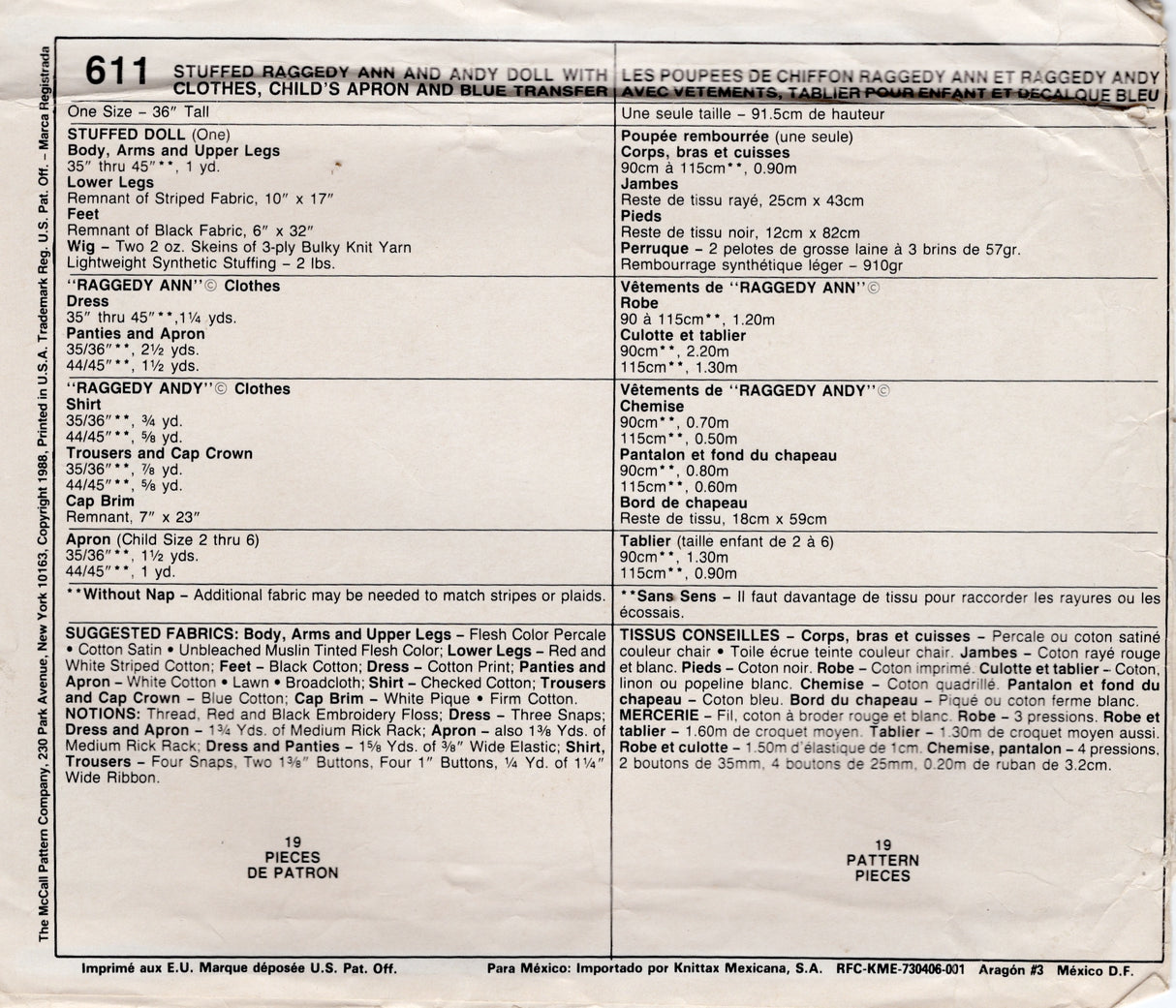1980's McCall's Raggedy Ann and Andy Doll and Clothes Pattern - No. 611