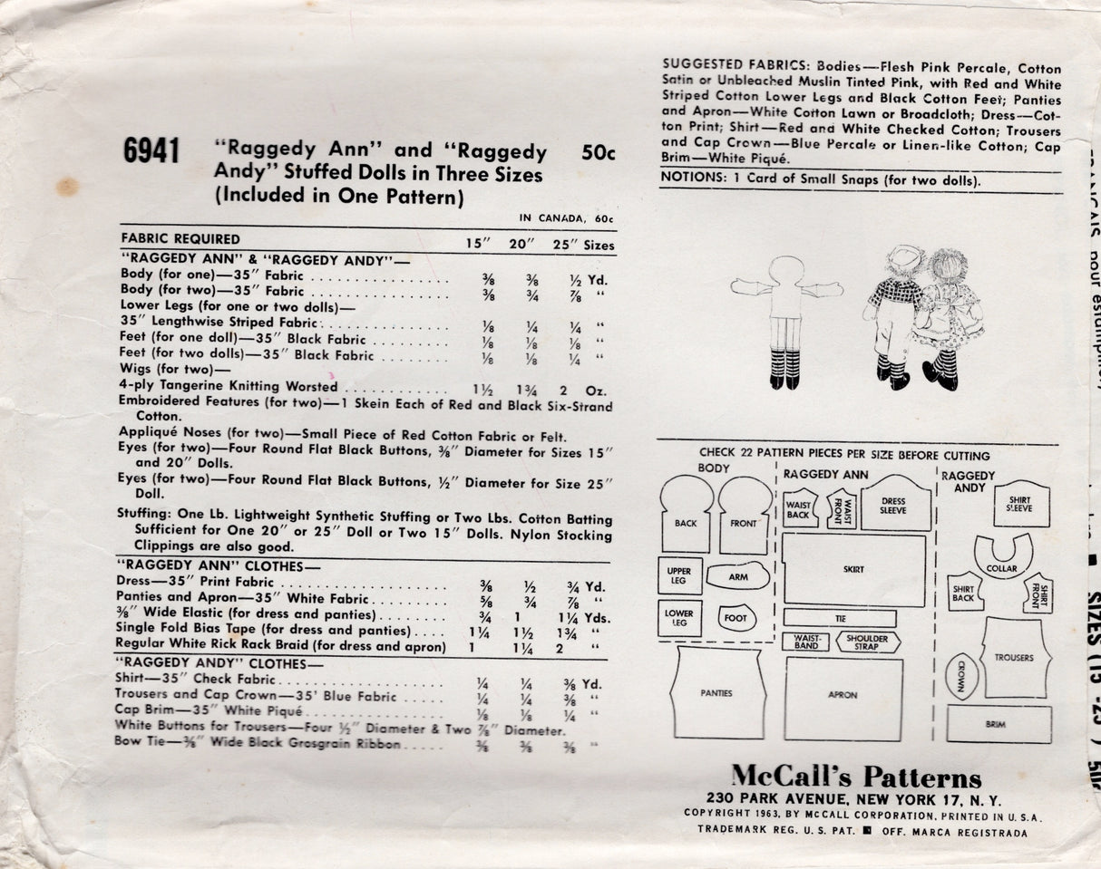 1960's McCall's Raggedy Ann and Andy Doll and Clothes Pattern - No. 6941
