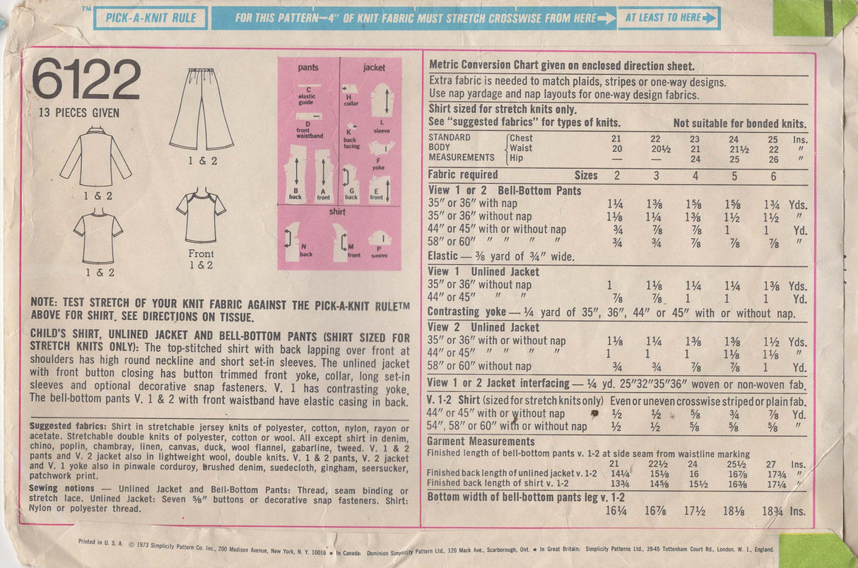 1970's Simplicity Child's Western Shirt and Bell Bottoms Pattern - Chest 24" - No. 6122