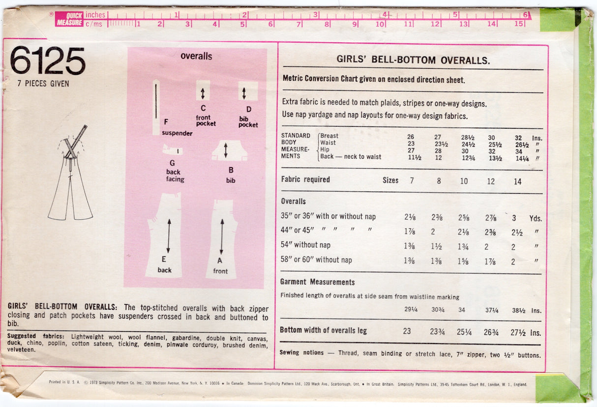 1970's SImplicity Child's Bell Bottom Overalls Pattern - Chest 28.5" - No. 6125