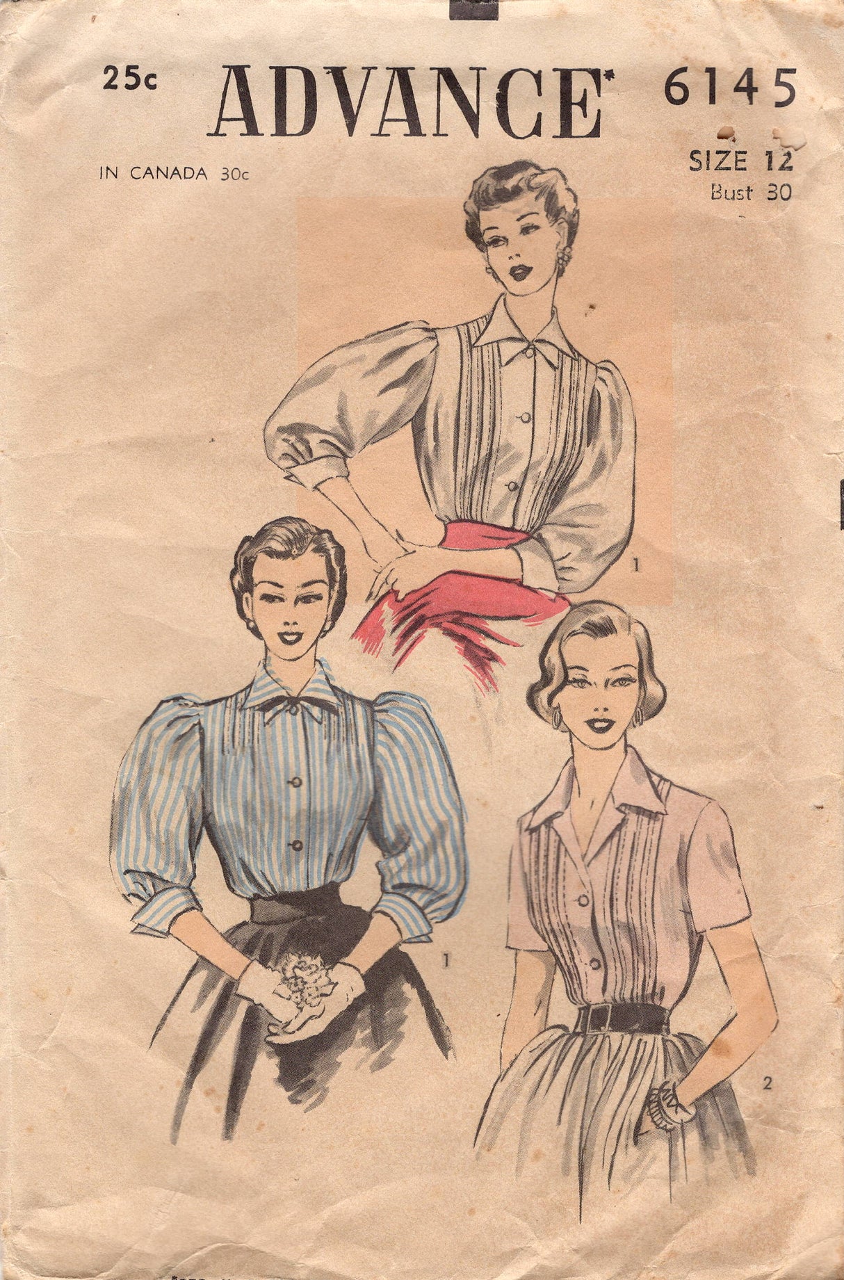 1950's Advance Button Up Blouse with Puff or Short Sleeves - Bust 30" - No. 6145