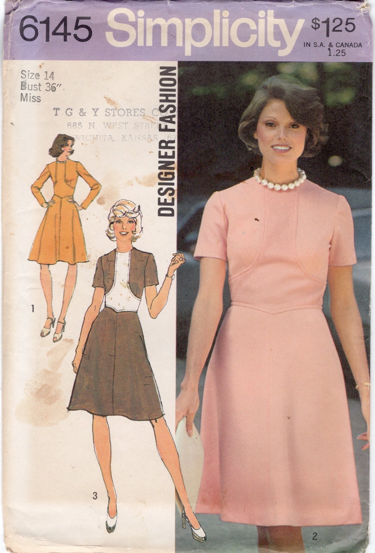 1970’s Simplicity Designer One-Piece Dress Pattern with Accent BodicePanel - Bust 36” - No.6145
