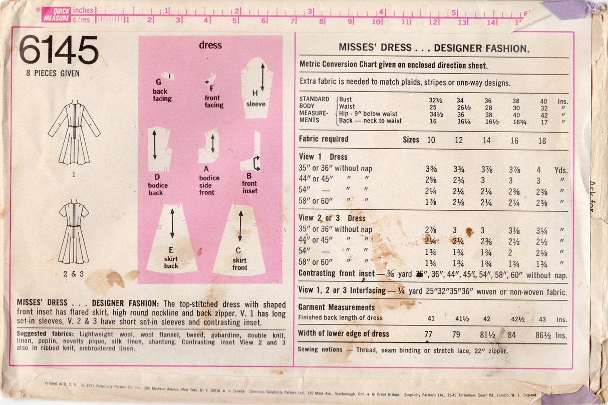1970’s Simplicity Designer One-Piece Dress Pattern with Accent BodicePanel - Bust 36” - No.6145