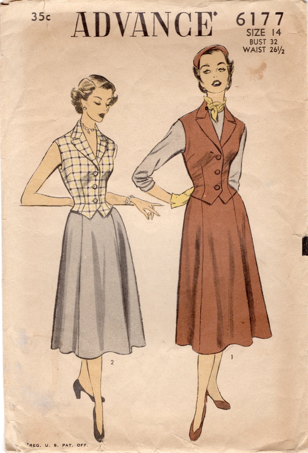 1950's Advance 6 Gore Flared Skirt and Vest Pattern - Bust 32" - No. 6177
