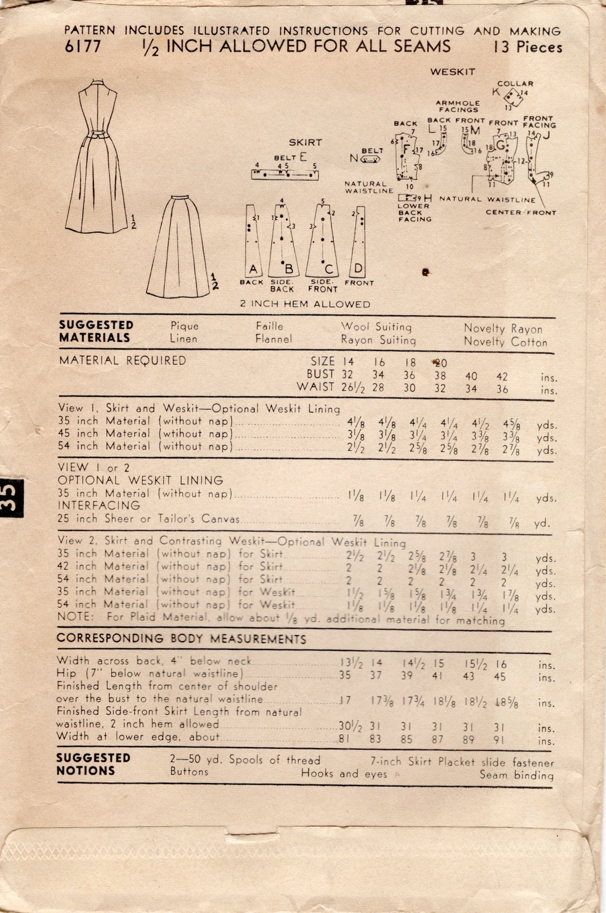 1950's Advance 6 Gore Flared Skirt and Vest Pattern - Bust 32" - No. 6177