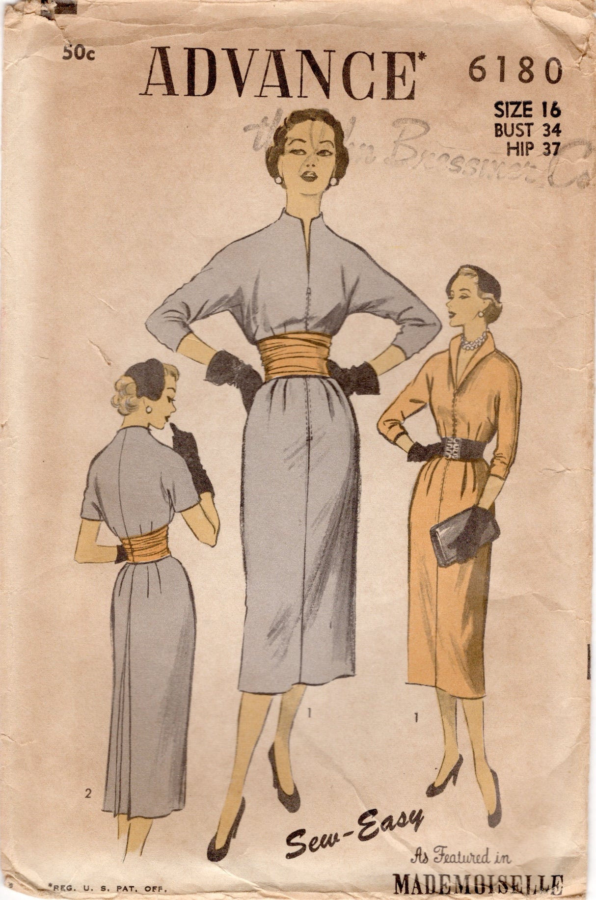 1950's Advance Zip Front Sheath Dress pattern with High Neckline and Cummerbund - Bust 34" - No. 6180