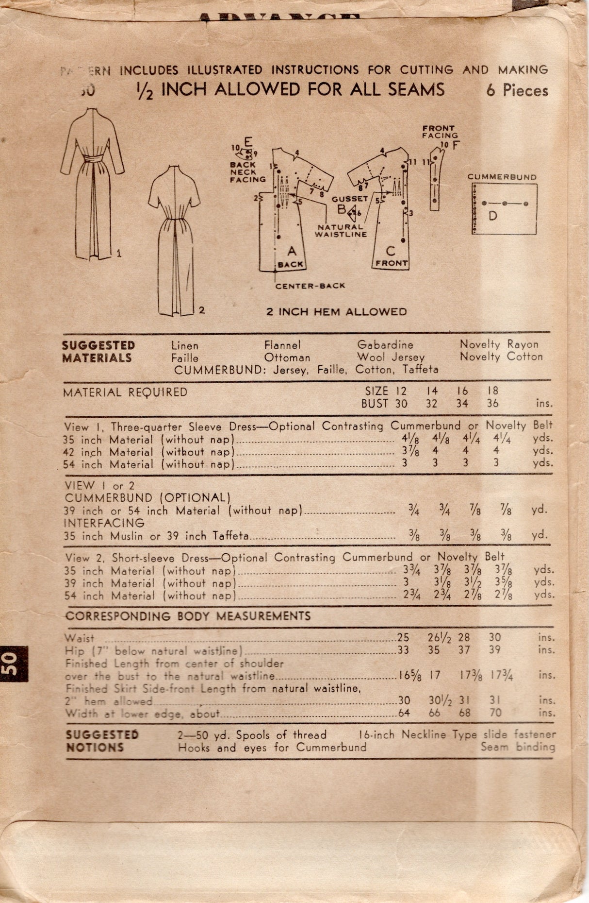 1950's Advance Zip Front Sheath Dress pattern with High Neckline and Cummerbund - Bust 34" - No. 6180