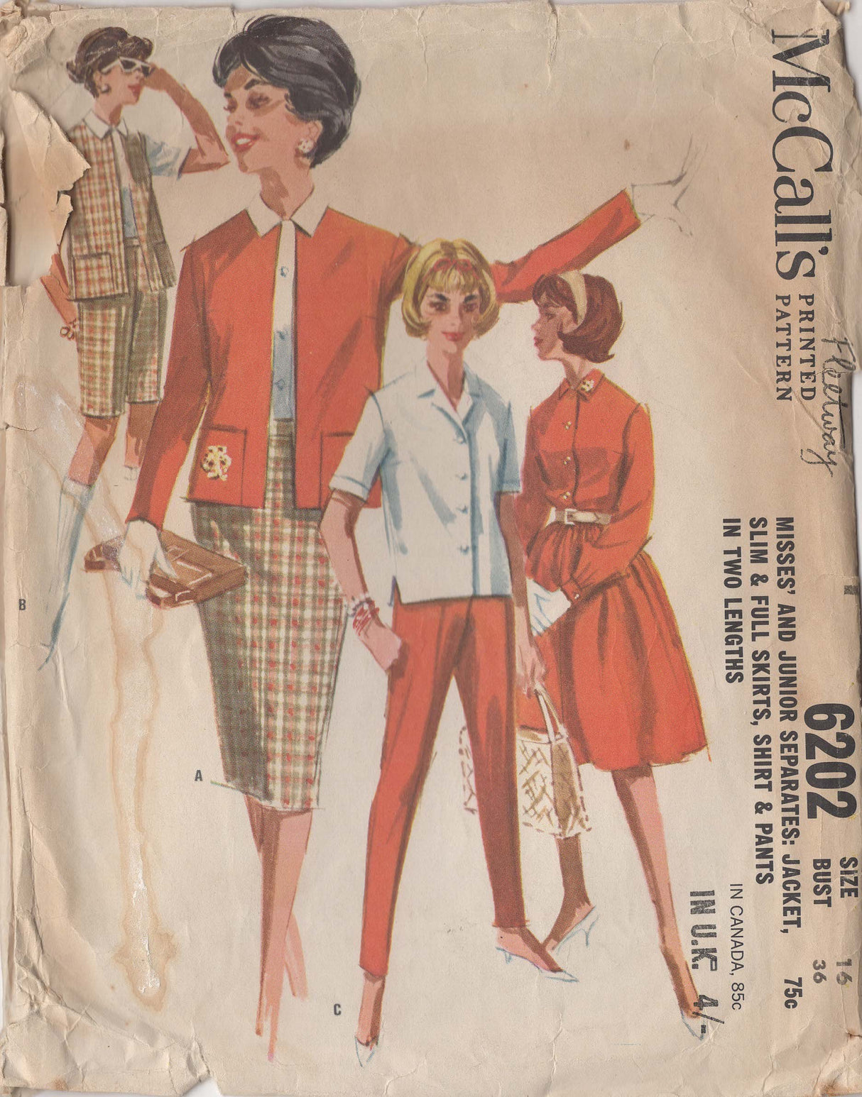 1960’s McCall's Unlined Jacket, Slim & Full Skirt and Button Up Shirt and Pants Pattern – Bust 36” - No. 6202