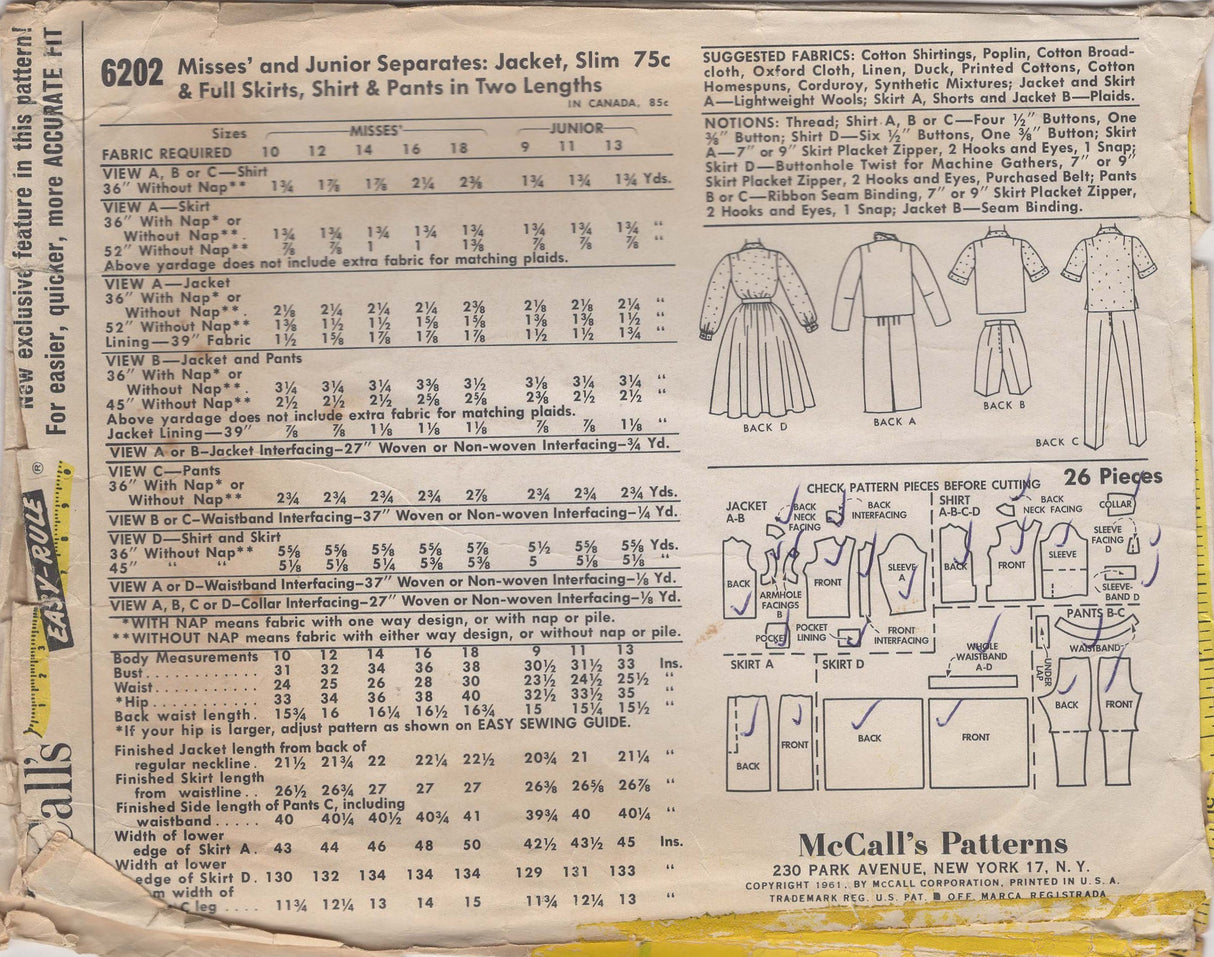 1960’s McCall's Unlined Jacket, Slim & Full Skirt and Button Up Shirt and Pants Pattern – Bust 36” - No. 6202