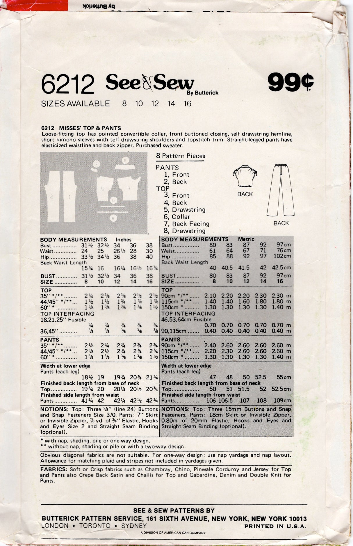 1980's See & Sew Loose Fitting Blouse and Pants Pattern - Bust 36" - No. 6212