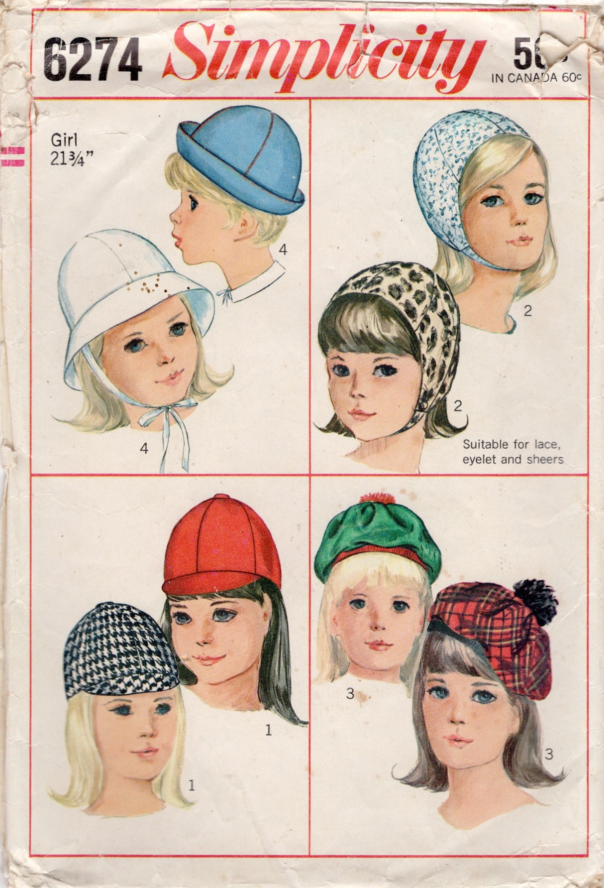 1960's Simplicity Child's Hat, Tam, Helmet and Jockey Cap Pattern - OS- No. 6274