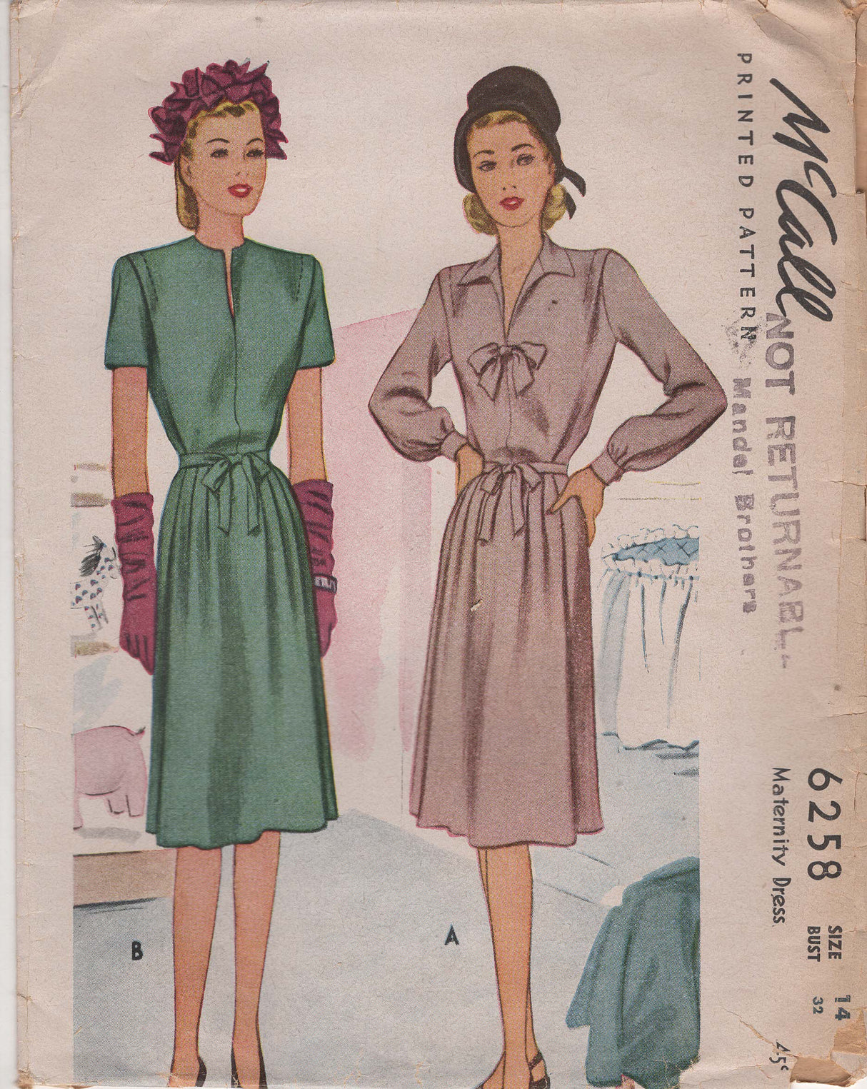 1940's McCall Maternity Dress Pattern with Bow Accent - Bust 32" - No. 6258