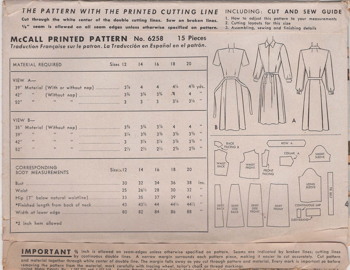 1940's McCall Maternity Dress Pattern with Bow Accent - Bust 32" - No. 6258