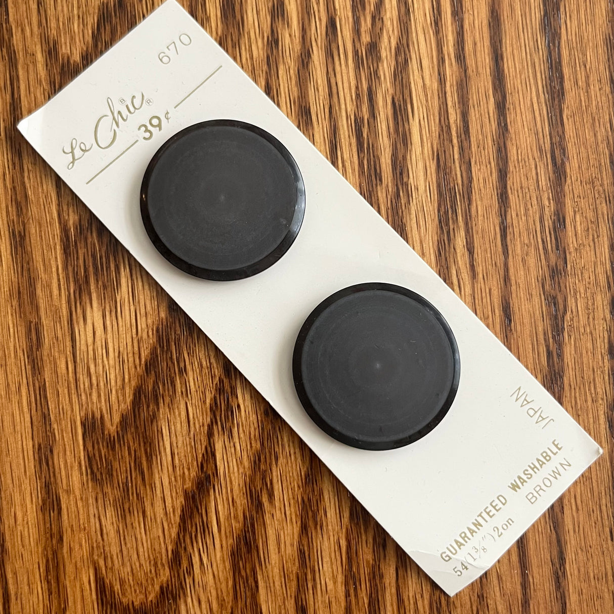 1970’s Le Chic Brown Matte Plastic Buttons - Brown - Set of 2 - Size 54 - 1 3/8" - on card
