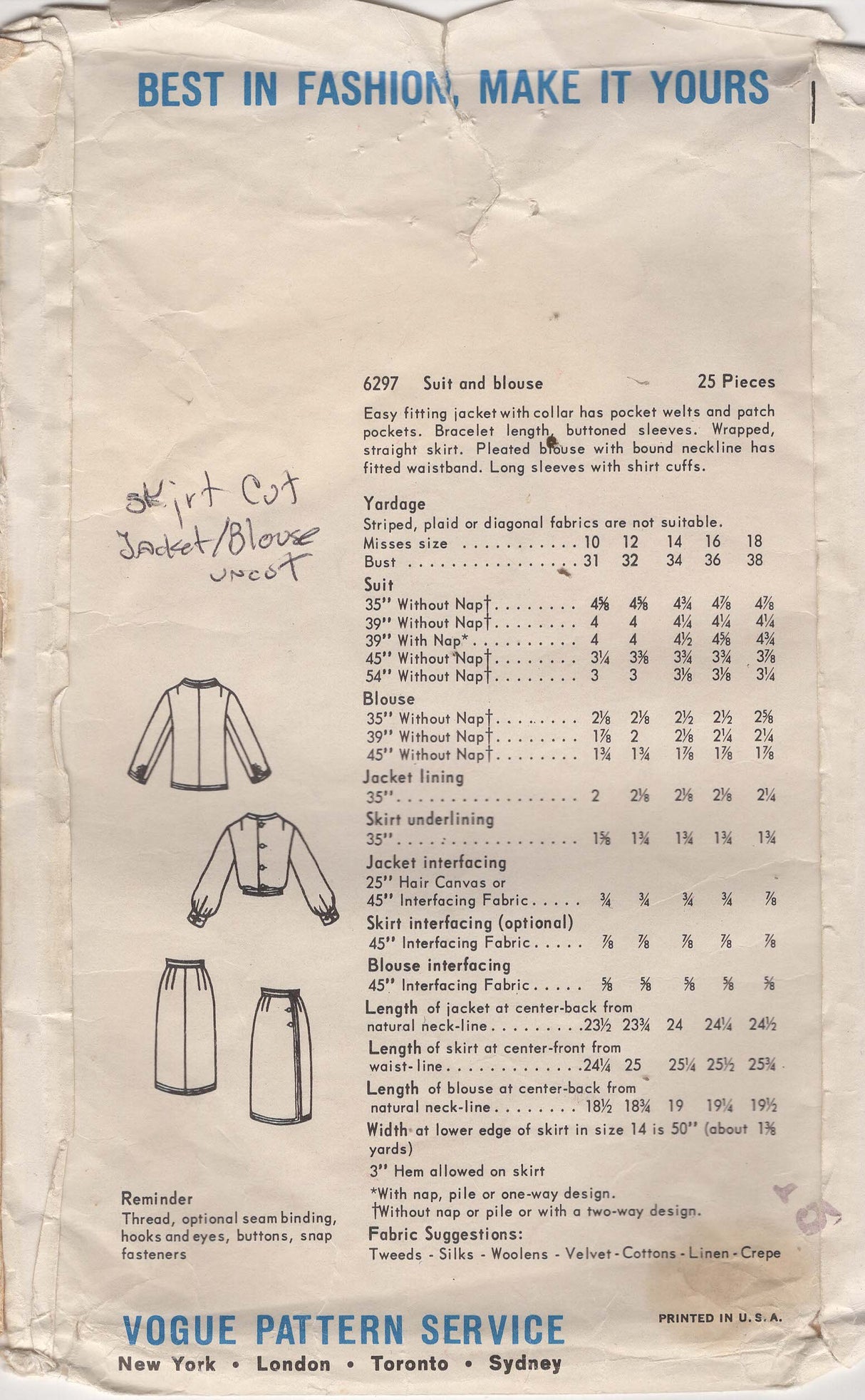 1960's Vogue Suit and Pin Tucked blouse Pattern - Bust 36" - No. 6297