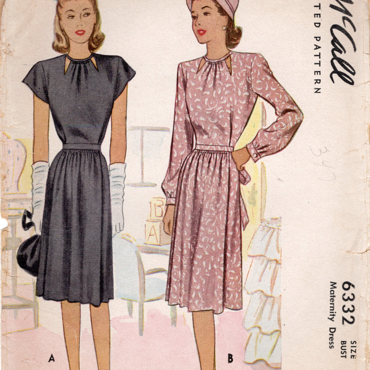 1940's McCall Maternity Dress with Cut Out Bodice Details - Bust 30