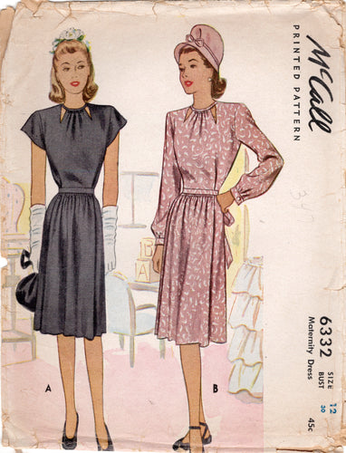 1940's McCall Maternity Dress with Cut Out Bodice Details - Bust 30