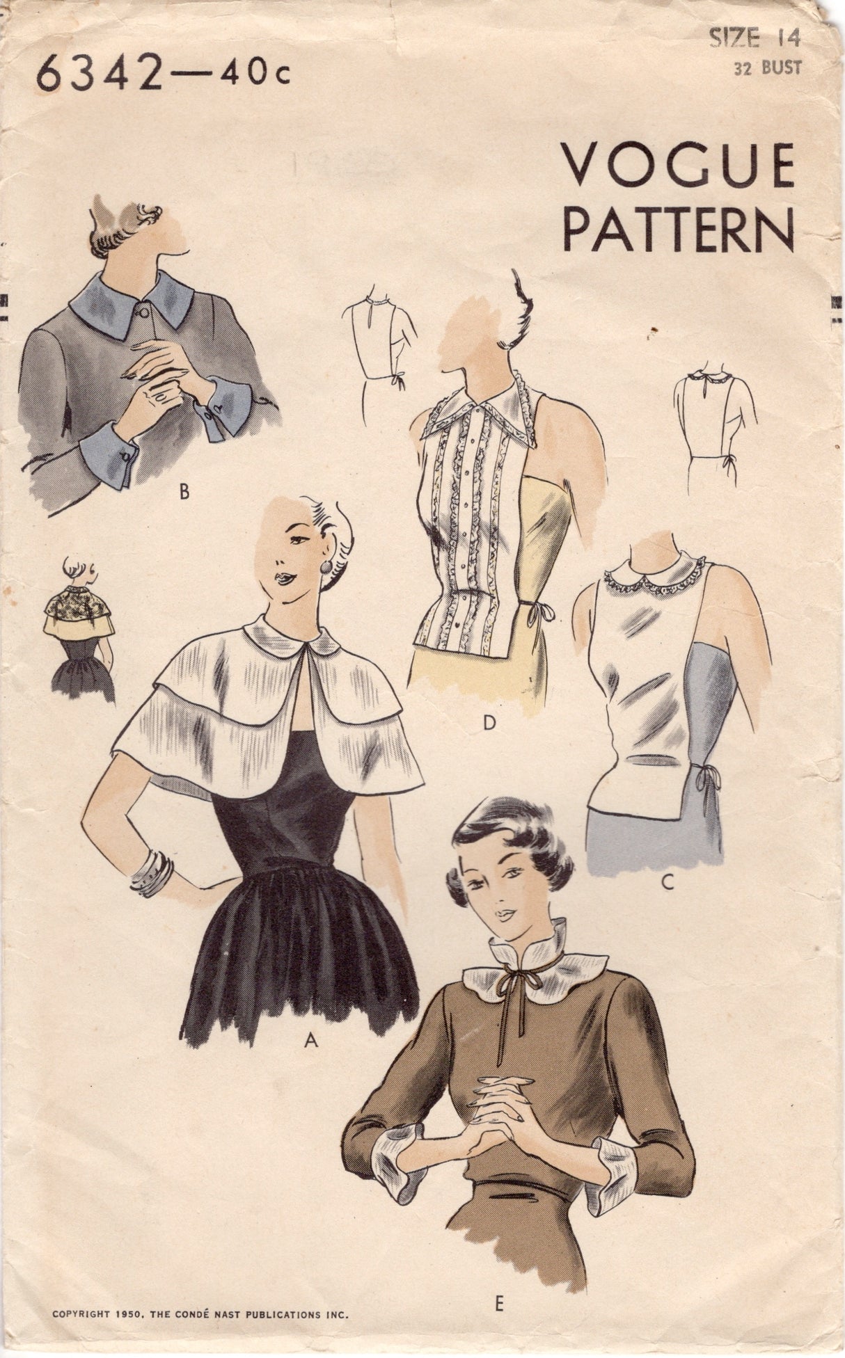 1950's Vogue Capelet, Collar, Cuffs, and Dickey Pattern - Bust 32" - no. 6342