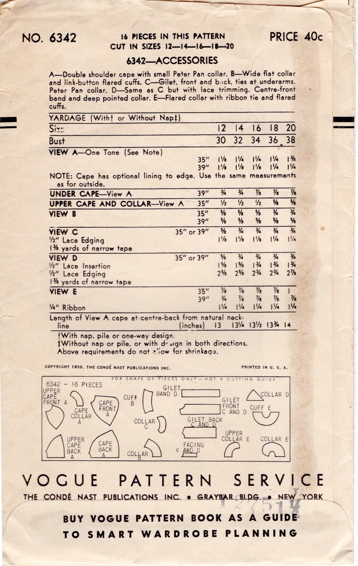 1950's Vogue Capelet, Collar, Cuffs, and Dickey Pattern - Bust 32" - no. 6342