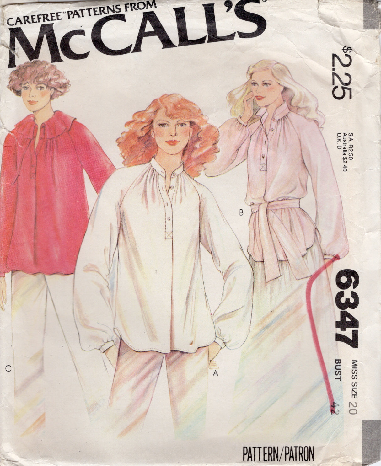 1970's McCall's Pullover Blouse with Raglan Sleeves and optional Large Collar - Bust 42" - No. 6347