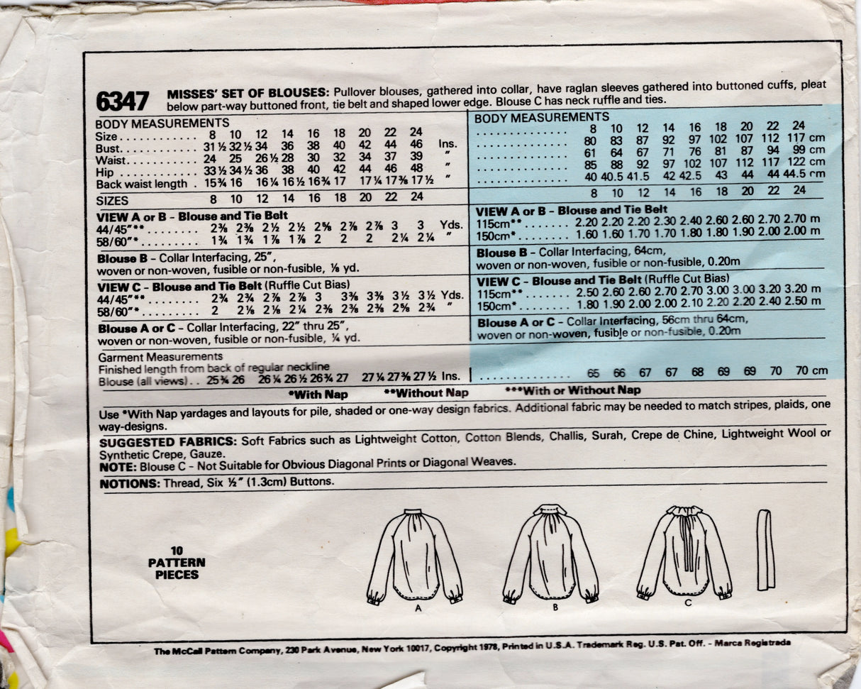 1970's McCall's Pullover Blouse with Raglan Sleeves and optional Large Collar - Bust 42" - No. 6347