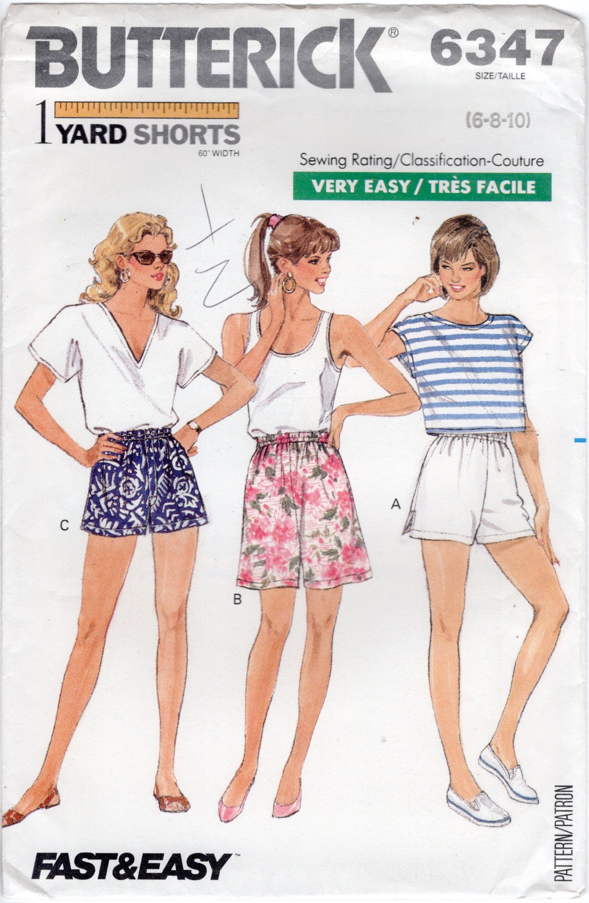 1980's Butterick 1 Yard Shorts Pattern - Waist 23-25" - No. 6347