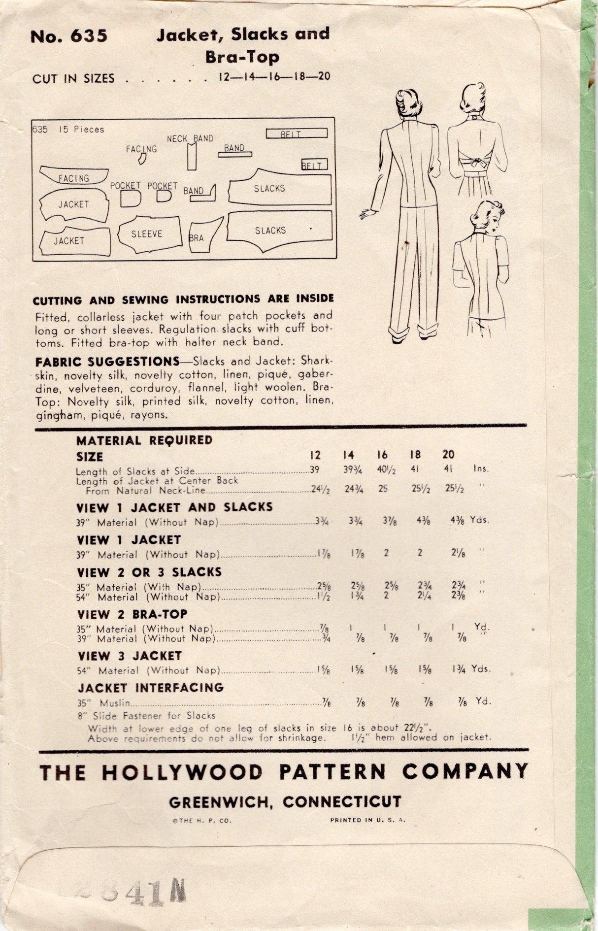 1940’s Hollywood Bra Top and Collarless Suit Pattern - Bust 34”- No. 635