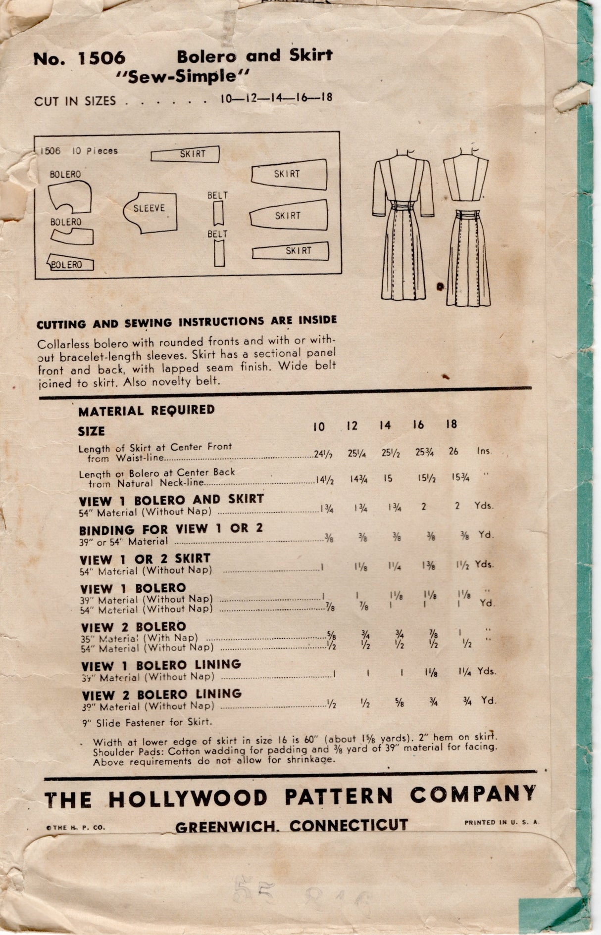 1940's Hollywood Bolero and Skirt Set Pattern - Bust 34" - No. 1506
