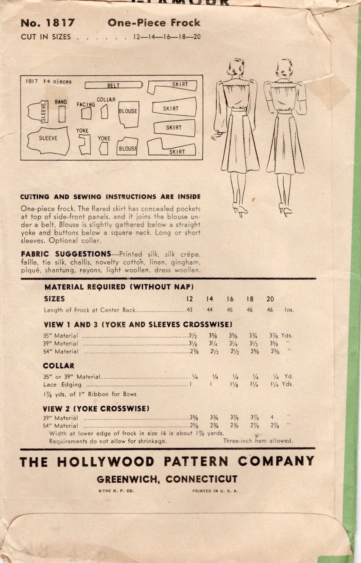 1940's Hollywood Yoked Shirtwaist Dress Pattern - Bust 38" - No. 1817