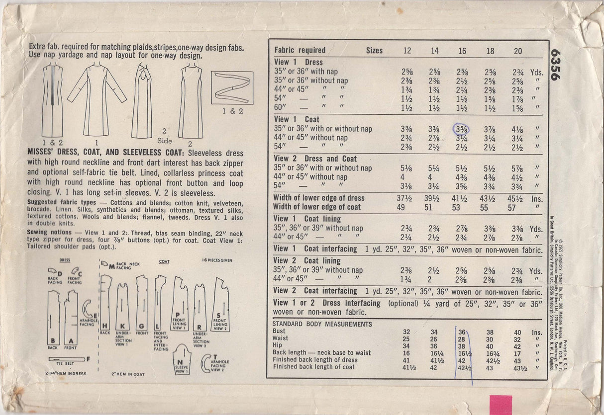 1960's Simplicity Sheath Dress and Coat Pattern - Bust 36" - No. 6356