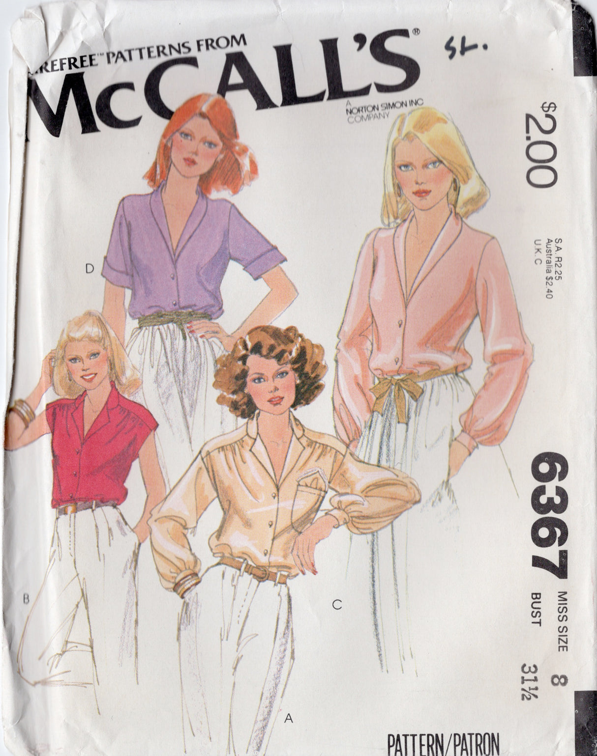 1960's McCall's Button up Blouse pattern with Shawl or Notched Collar - Bust 31.5" - No. 6367