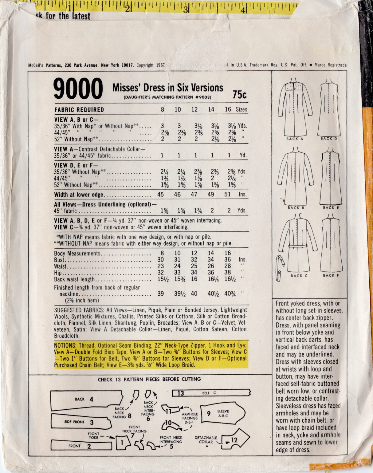 1960's McCall's Yoked Princess Line Dress pattern - Bust 34" - No. 9000