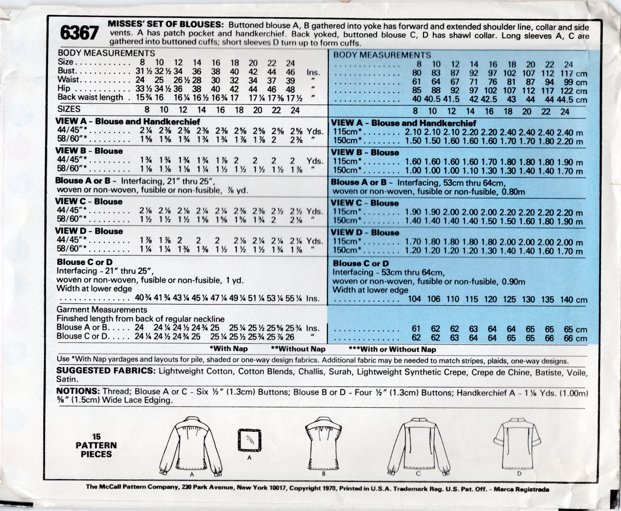 1960's McCall's Button up Blouse pattern with Shawl or Notched Collar - Bust 31.5" - No. 6367